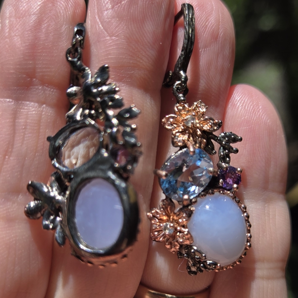 Chalcedony Topaz Amethyst Aquamarine Sterling Rhodium & Rosegold Floral Earrings - Picture 9 of 10